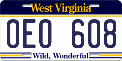 WV license plate OEO608