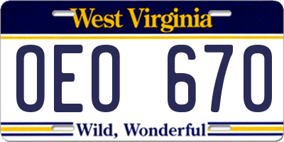 WV license plate OEO670