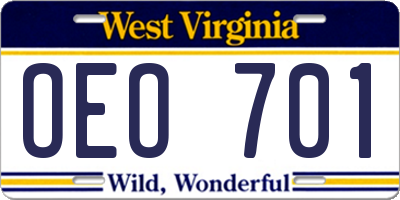 WV license plate OEO701