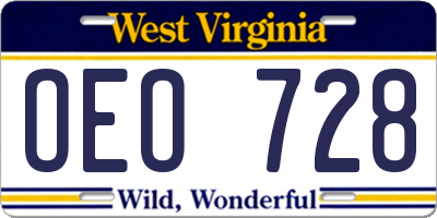 WV license plate OEO728