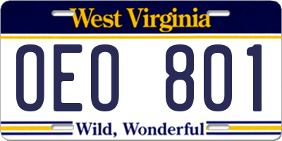 WV license plate OEO801
