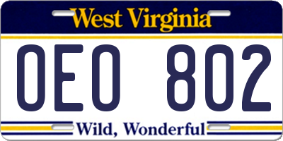 WV license plate OEO802