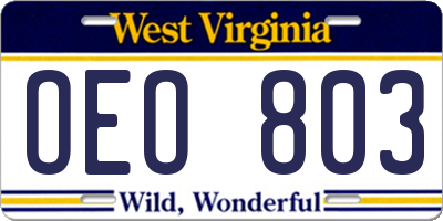 WV license plate OEO803
