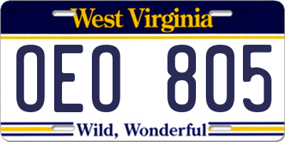 WV license plate OEO805