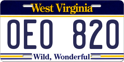 WV license plate OEO820