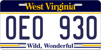 WV license plate OEO930