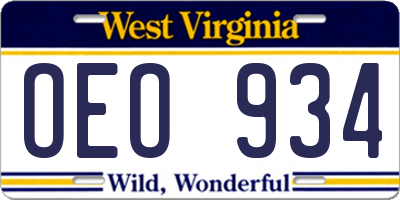 WV license plate OEO934