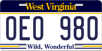 WV license plate OEO980