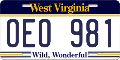 WV license plate OEO981