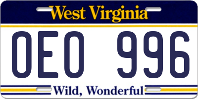 WV license plate OEO996