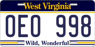 WV license plate OEO998