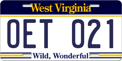 WV license plate OET021