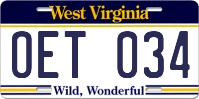 WV license plate OET034