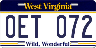 WV license plate OET072