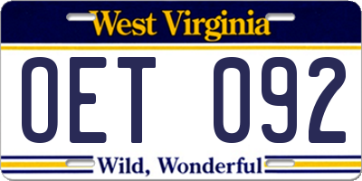 WV license plate OET092