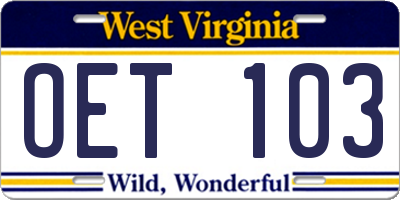 WV license plate OET103
