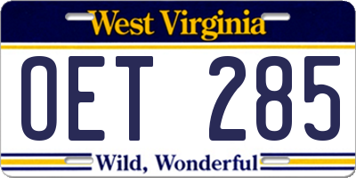 WV license plate OET285