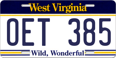 WV license plate OET385