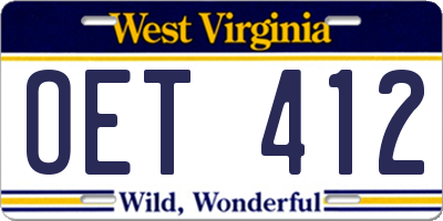 WV license plate OET412
