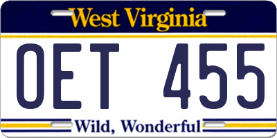 WV license plate OET455