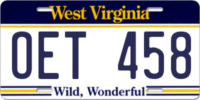 WV license plate OET458