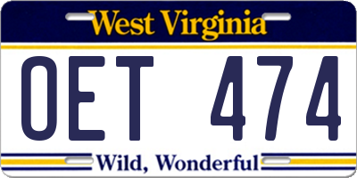 WV license plate OET474
