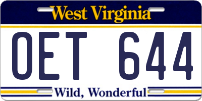 WV license plate OET644