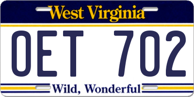 WV license plate OET702