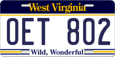 WV license plate OET802
