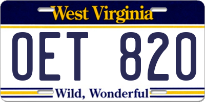 WV license plate OET820