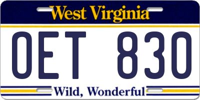 WV license plate OET830