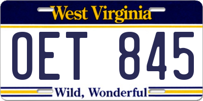 WV license plate OET845