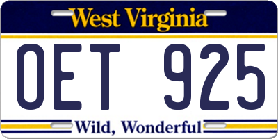 WV license plate OET925