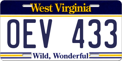 WV license plate OEV433
