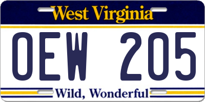 WV license plate OEW205