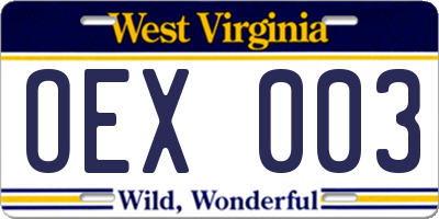 WV license plate OEX003