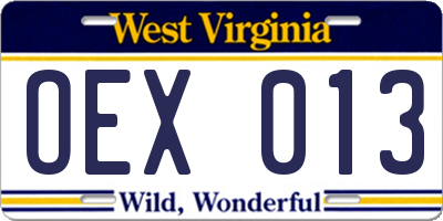 WV license plate OEX013