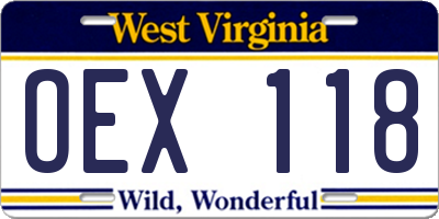 WV license plate OEX118