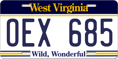 WV license plate OEX685
