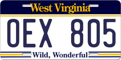WV license plate OEX805