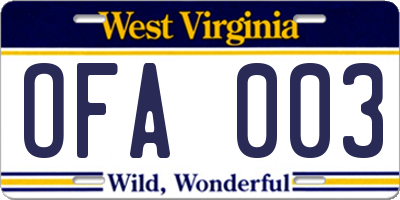 WV license plate OFA003