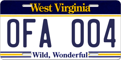 WV license plate OFA004