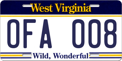 WV license plate OFA008