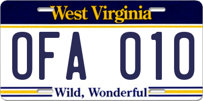 WV license plate OFA010