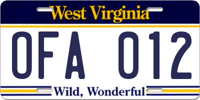 WV license plate OFA012