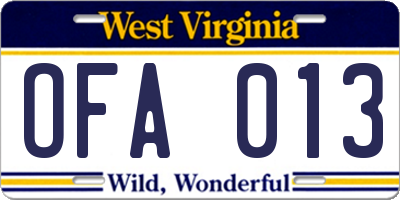 WV license plate OFA013