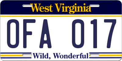 WV license plate OFA017