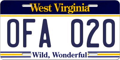 WV license plate OFA020