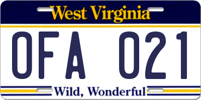 WV license plate OFA021
