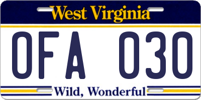 WV license plate OFA030
